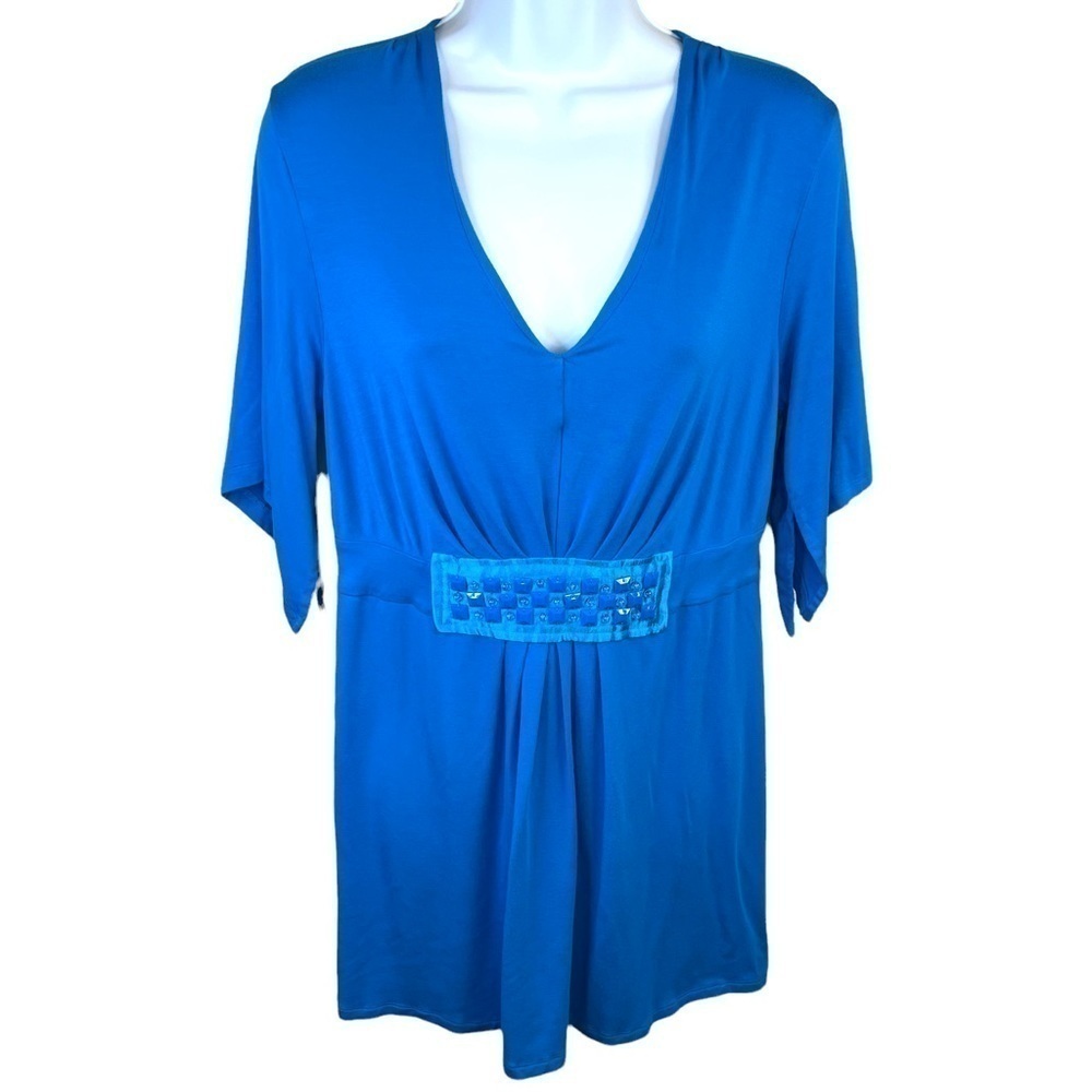 S Marc Bouwer Blue Short Sleeve Blouse Top Beaded Accent Flowy Sleeve 4 6